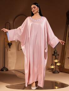 New Fashionable Luxury Elegant Pearl Embroidered Lace Collar Tassel Splice Women's Arabic Robe - Pink - View 6