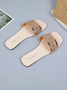 Women's Rose Gold Round Toe Slide Sandals, Casual Beach Flat Flip Flops