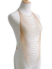 Layered Hollow Chain Tassel Body Chain For Women, Elegant Niche Design, Versatile For Vacation, Party, Daily Wear, Festival Gift - Gold - View 2