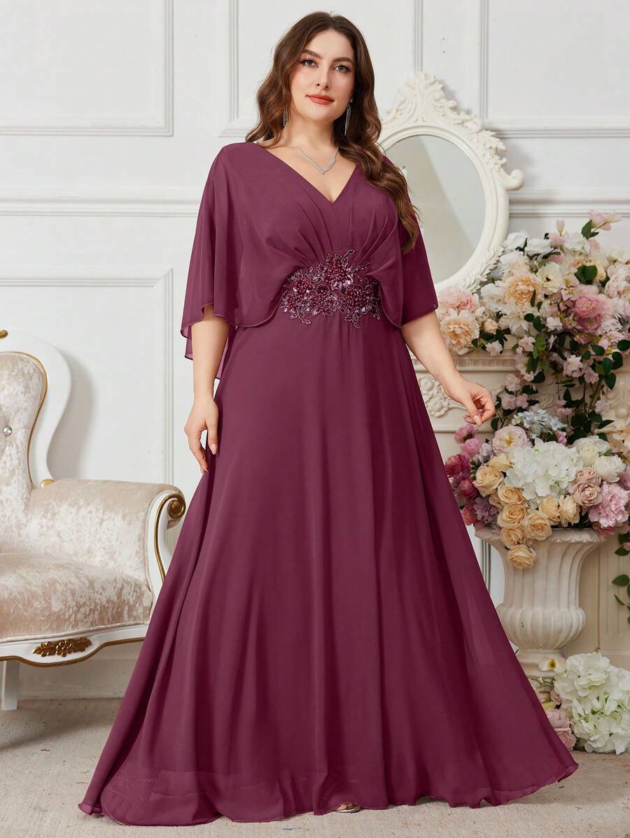 Vestido de Cóctel de Gasa UNITHORSE Talla Grande con Cuello en V, Manga Murciélago, Bordado Frontal & Decoración con Cuentas - Rojo violeta - Ver 1