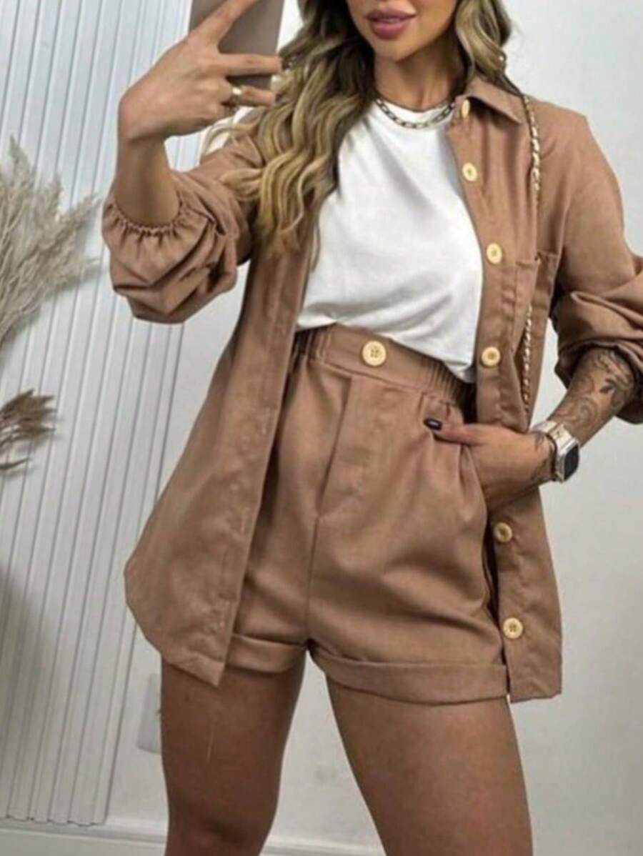 Long Sleeve Top And Shorts Set Combination - Olive Green - View 1