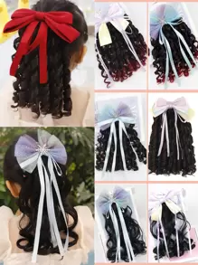 Princess Curly Ponytail Black Gradient Burgundy Wig Ponytail Clip In Ponytail Extensions Spring Curly Bow Ponytail Children's Hair Accessories - Multicolor - View 1