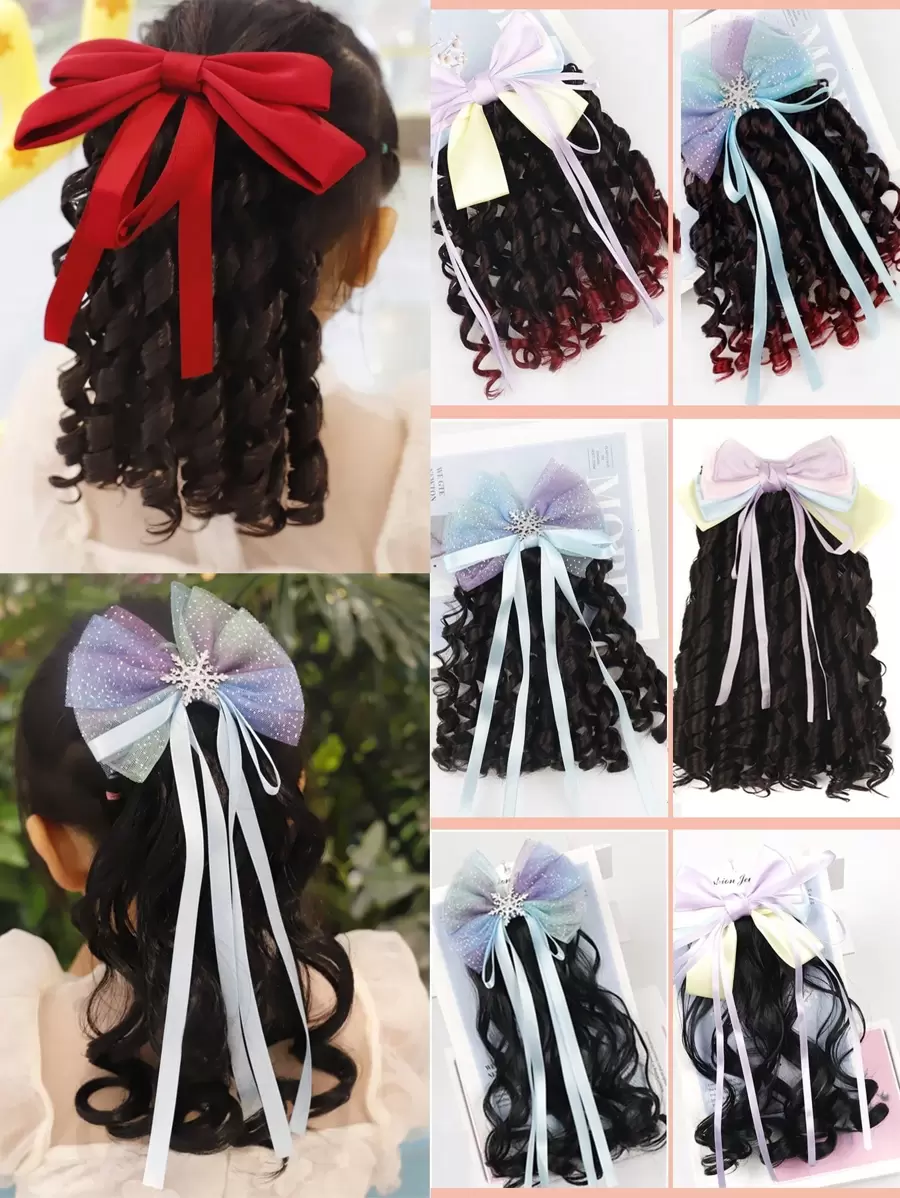 Princess Curly Ponytail Black Gradient Burgundy Wig Ponytail Clip In Ponytail Extensions Spring Curly Bow Ponytail Children's Hair Accessories - Multicolor - View 1
