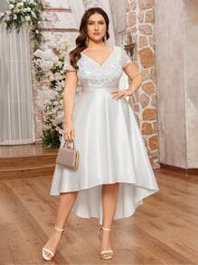 Plus V-Neck Lace Sequin Insert Contrast Satin High Low A-Line Hem Evening Party Formal Dress, Prom Dress, Wedding Guest Dress, New Year Dress, For Birthday, Homecoming, Festivals - White - View 6
