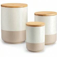 Vancasso Sabine Ceramic Canister Set With Airtight Wood Lids - 3-Piece Kitchen Storage Flour, Sugar, Coffee, Tea & Spices - Modern Countertop Decor