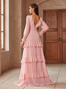 Elegantes, einfarbiges, ausgestelltes Maxi-Brautjungfernkleid mit Rüschensaum - Pink - Übersicht 3