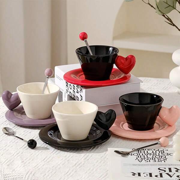 1 Peça Conjunto de Xícara de Café e Pires Cerâmicos Minimalistas, Prato de Sobremesa com Design de Coração de Macaron, Presente Ideal para Namorada ou Dia da Mulher de Volta às Aulas