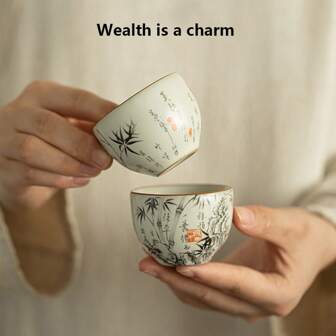 1 件汝窑墨竹裂釉茶杯，陶瓷茶具茶杯，主人和客人用，容量 60 毫升，功夫茶