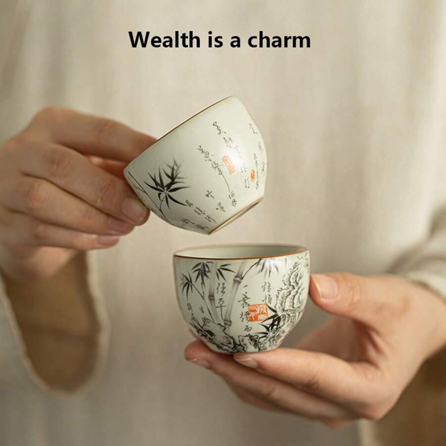 1 件汝窑墨竹裂釉茶杯，陶瓷茶具茶杯，主人和客人用，容量 60 毫升，功夫茶 - 彩色 - 查看 1