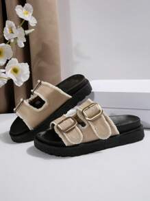 Women's Fashion Versatile Khaki Fringe Edged Casual Resort Style Leather Buckle Platform Wedge Slide Sandals