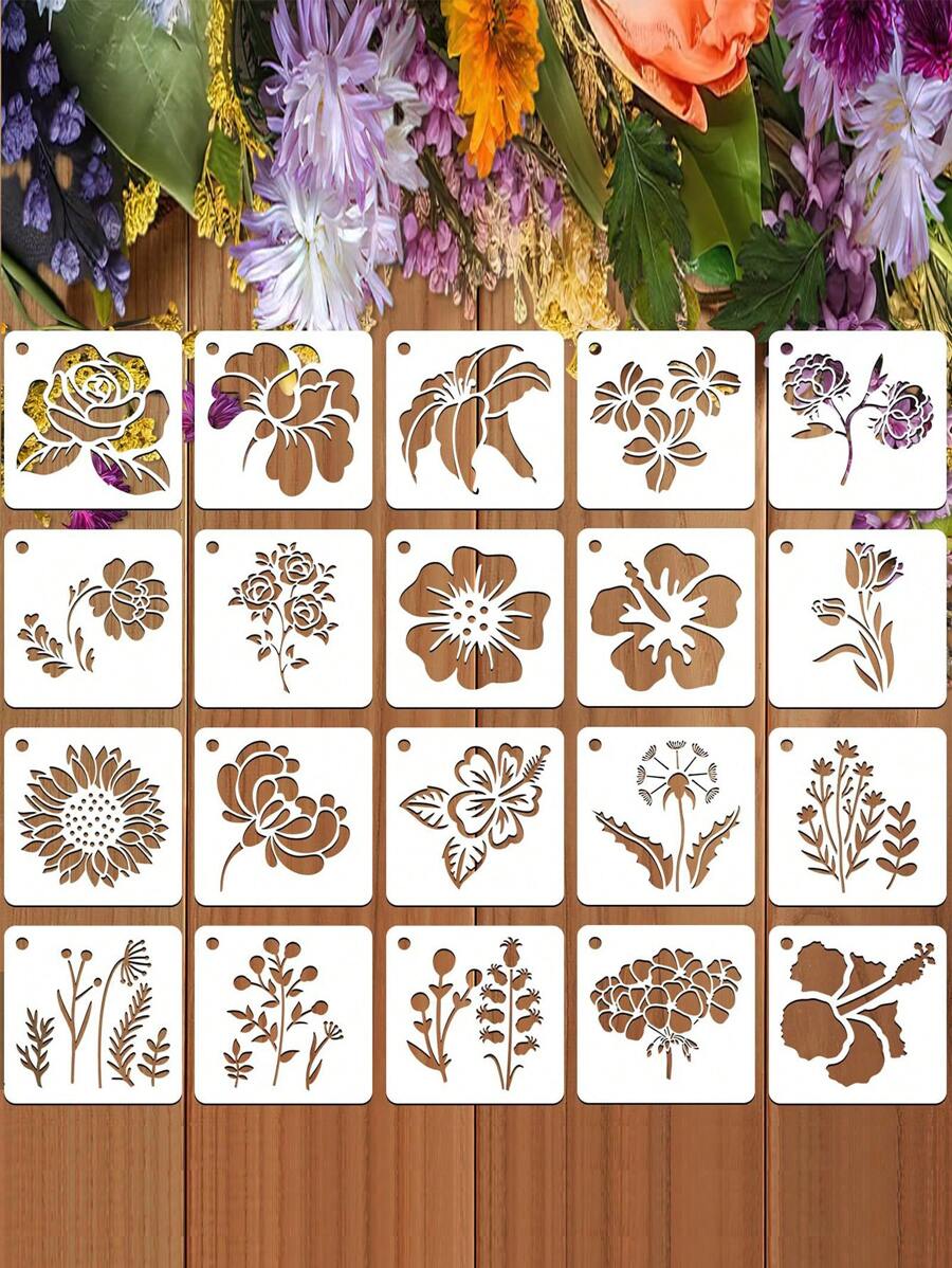 20pcs Floral Stencil Templates, Made Of PET Material, Reusable For Wall, Clothes, DIY, Books, Painting, Back To School Gifts,Back To School,School Supplies