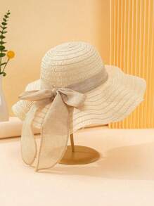 1 件男女通用幼儿亚麻面料蝴蝶结装饰简约休闲波浪风格草编太阳帽，适合夏季外出、日常生活防晒、沙滩度假装、儿童节礼物、婚礼季节服装