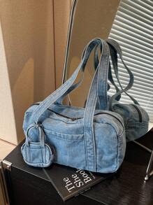 حقيبة كتف جينز سعة كبيرة بلون أحادي 2 قطعة مع محفظة معلقة، حقيبة عملية وبسيطة للتنقل تحت الذراع، حقائب يد متعددة الاستخدامات، مثالية للفتاة الريفية