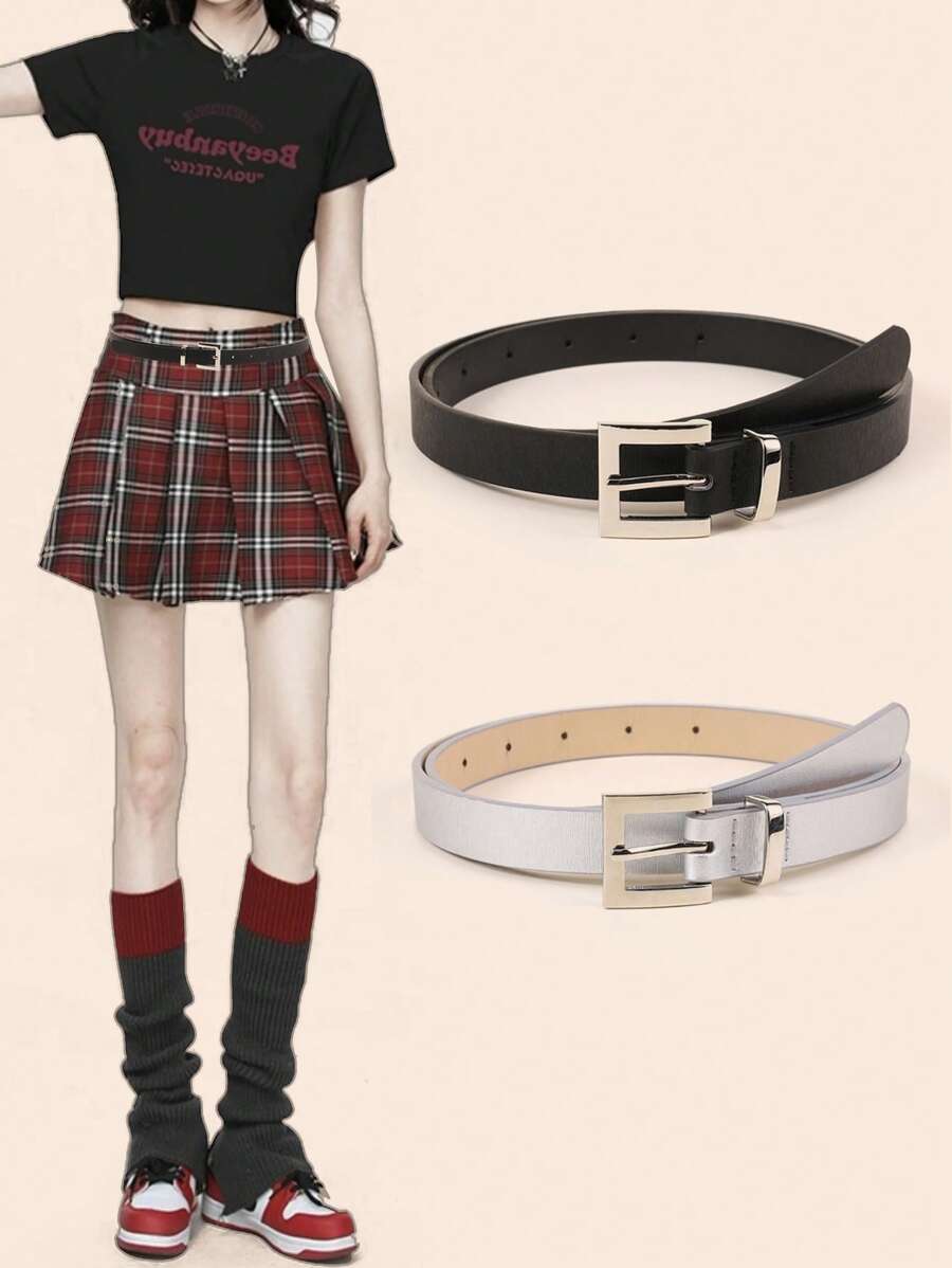 2pcs Women's PU Leather Minimalist Chic Belt With Silver Buckle, Suitable For Dresses, Jeans, Casual Bohemian Style For All Seasons - A - View 1