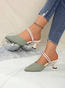 2025 Spring/Summer Women's Casual Elegant Comfortable Exquisite High Heel Shoes, Fashion Gentle Style Elegant High Heel Sandals, Women's Minimalist Daily Versatile Pointed Toe Solid Color Sandals - Green - View 3