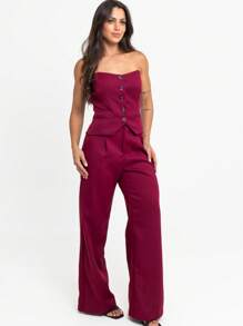 Women's Tailored Set, Wide Leg Pants And Cropped Top - Burgundy - View 2
