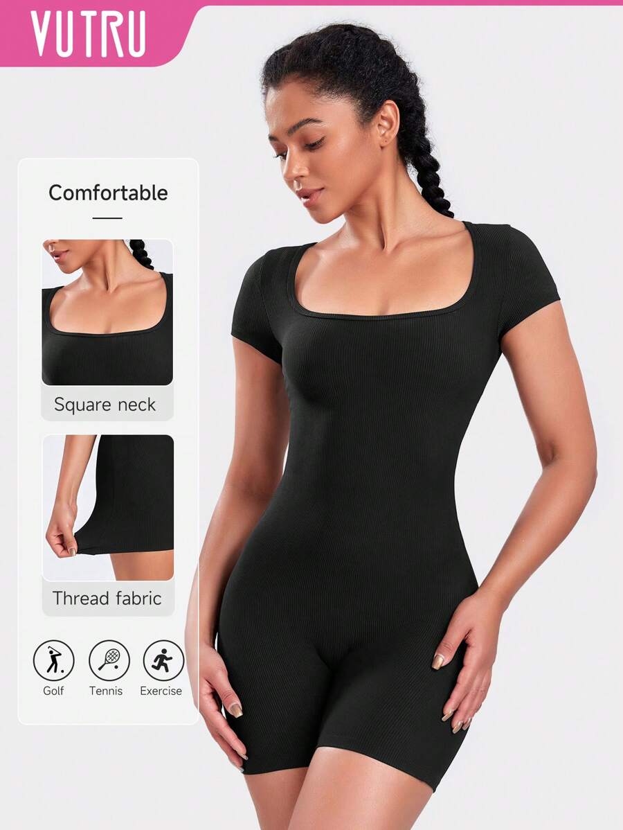 Vutru Damen modischer Jumpsuit mit quadratischem Ausschnitt und Kurzarm, aus strukturiertem Stoff für Yoga Formwäsche Jumpsuit - Schwarz - Übersicht 1