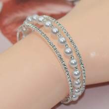 1pc 3-Row Crystal & Pearl Hinged Bangle Bracelet, Silver-Color, Bridal Wedding Party Gift Accessory - Silver - View 2