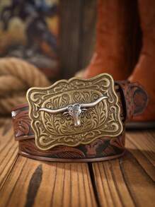 1 件男士波西米亚西部牛仔牛头扣复古深棕色 PU 皮带，适合所有季节