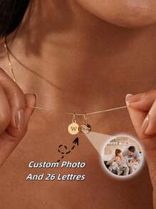 1pc Customized Letter Projection Photo Necklace, Personalized Stainless Steel A-Z Letter Disc Necklace, Customized Photo Projection Necklace With 26 Letter Discs Combination, Stainless Steel Box Chain Photo Projection Necklace For Women, Gift For Mom Birthday, DIY Letter Projection Necklace, Gold, Stylish, Colorful, Ideal Gifts For Him, Ideal Gifts For Her - Photo Necklace - View 3