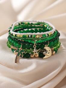 8pcs/Set Bohemian Clover Openable Box Heart Pendant Beaded Bracelet Stacking Bracelets, Suitable For Women Beach Holiday Casual Party Club Accessories - Green - View 4