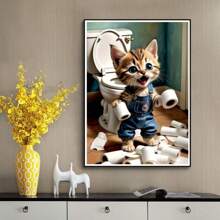 1 件无框圆形钻石画套装，主题为“猫上厕所” - 全钻钻石艺术，帆布 DIY 马赛克工艺套装包括笔、胶水、托盘、钻石珠。适合钻石画爱好者、家居墙面装饰礼物和缓解压力 - 彩色 - 查看 3