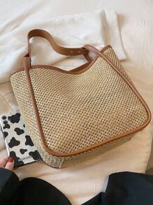 1 peça bolsa de ombro de palha trançada cáqui de grande capacidade, bolsa tote simples da moda adequada para mulheres, férias, compras, uso diário - Caqui - Ver 5