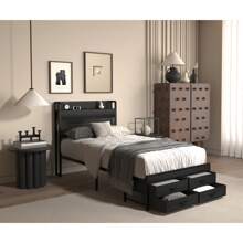 Twin Bed Frames With Headboard, Twin Size Bed Frames With Storage Drawers, Twin Bed, Black Metal Platform Bed Frame, Single Bed Frame, No Box Spring Needed