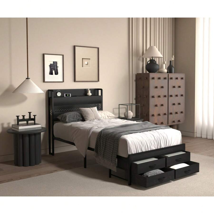 Twin Bed Frames With Headboard, Twin Size Bed Frames With Storage Drawers, Twin Bed, Black Metal Platform Bed Frame, Single Bed Frame, No Box Spring Needed