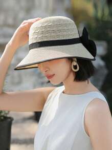 1 件女士夏季太阳帽，宽边，时尚蝴蝶结装饰，简单百搭，适合夏季防晒