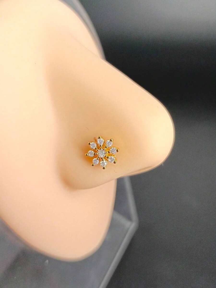 1 件时尚花朵水钻鼻钉，微镶嵌合成方晶锆石，适合女性日常佩戴