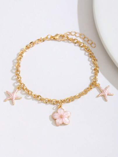 1pc Delicate Floral & Starfish Decor Bracelet, Suitable For Girls To Wear In Summer Beach Party, Travel, Vacation, Also Can Be Daily Accessory