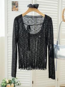 韩版时尚大圆领修身镂空针织设计露肩系带蝴蝶结长袖毛衣女士外出休闲可爱黑色 - 黑色 - 查看 6