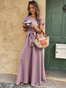 Women A-Line Ruched Linen-Like Texture Dress - Dusty Purple - View 5