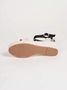 Zapatos de mujer tipo espardeña con correa de tobillo minimalista, zapatos de salón con cuña de tacón grueso, suela de yute y tobillera de faux fur negro para vacaciones