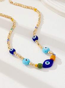 1 件手工制作蓝色玻璃珠邪眼项链，波西米亚风格女士珠宝套装（颜色和形状可能略有不同）