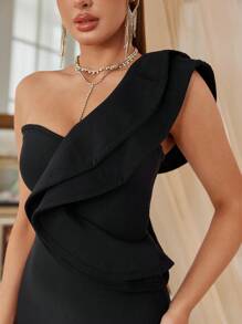 One Shoulder Petal Tight Split Bodycon Dress Graduation Cocktail Party Bandage Dress, Semi Formal Dress, For Birthday, Wedding Guest, Dinner, Homecoming - Black - View 6