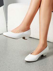 Women's Wide Fit Low Chunky Heel Pump Elegant Solid Color Shoes - trắng - Xem 2