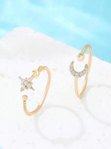 2pcs Simple Star & Moon Design Stackable Adjustable Open Rings For Women - Stars and Moon - View 8