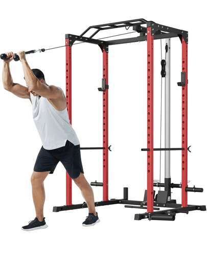 Power Cage With LAT Pull Down System, Multi-Functional Squat Rack With Low Row System, 1200LBS Weight Capacity Power Rack For Home Gym Strength Workout With J-Hooks, 360° Landmine Attachment, Black