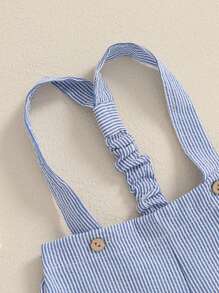 Baby Boy Gentleman Outfit Solid Color Short Sleeve Lapel Neck Romper With Stripe Suspender Shorts And Bowtie - 藍色 - 查看 5