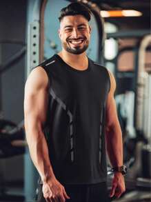 男士纯色圆领条纹印花跑步运动网眼透气柔软无袖上衣