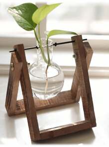 创意木制框架水培花瓶花盆，现代简约办公室玻璃桌面装饰，绿叶植物