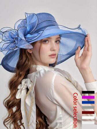 1pc Women's Polyester Mesh Breathable Elegant Casual Bucket Hat With Pearl Flower & Bow Decor, Suitable For Outing, Party And Daily Wear