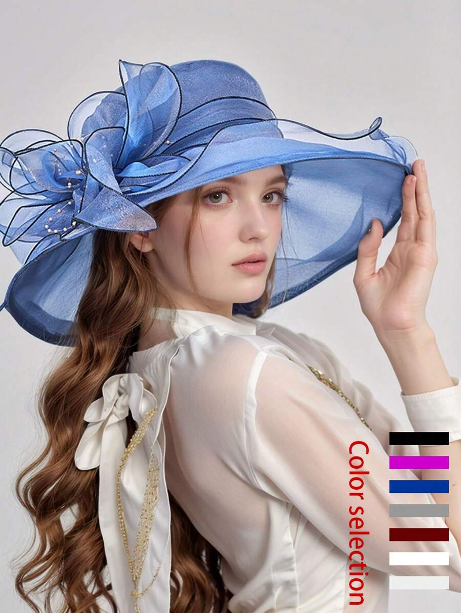 1pc Women's Polyester Mesh Breathable Elegant Casual Bucket Hat With Pearl Flower & Bow Decor, Suitable For Outing, Party And Daily Wear - Bow - View 1