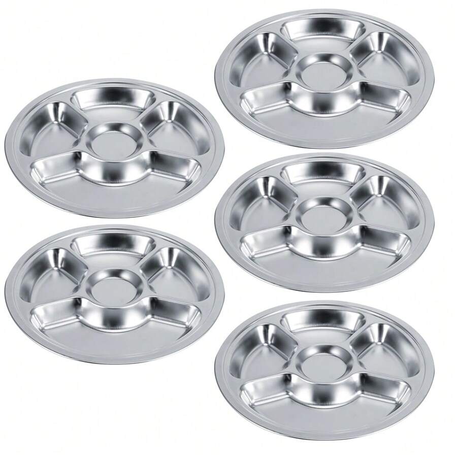 Lot de 5 plateaux de service ronds en acier inoxydable 304 épais à 5 sections pour enfants