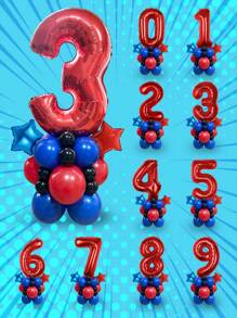 Set de 27 piezas de columna de globos con números rojos, globos rojos números del 0 al 9 de 32", globos de látex rojos, azules y negros, globos de pentágono de 10" adecuado para fiestas de cumpleaños, decoración de fiestas, decoración del hogar y fiestas temáticas - Multicolor - Ver 3