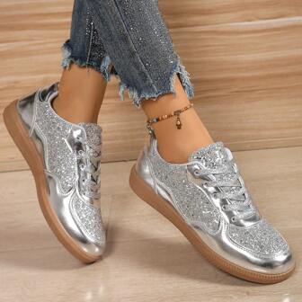 Fashionable Glitter Silver Shoes, Sparkly Elegant Casual Sneakers, Lightweight & Comfortable, Round Toe Lace-Up, Simple Outdoor Women Shoes, Suitable For Party, Date, Daily, Sports, Work, Gift
