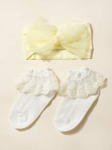 1 PC Kant Strik Baby Hoofdband + 1 Paar Baby Kant Sokken, Voor 1-3 Jaar Oud, Peuter Lente En Zomer Jurk, Strik Hoofdband En Sokken, Zacht En Modieus, Geschikt Voor Foto's En Het Dagelijks Leven, Lente En Zomer Haaraccessoires