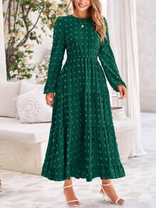 Women's Fall And Spring Elegant Long Sleeve Long Dress Swiss Polka Dot A Elegant Casual Holiday Wedding Party Going Out Dress - 深綠色 - 查看 6